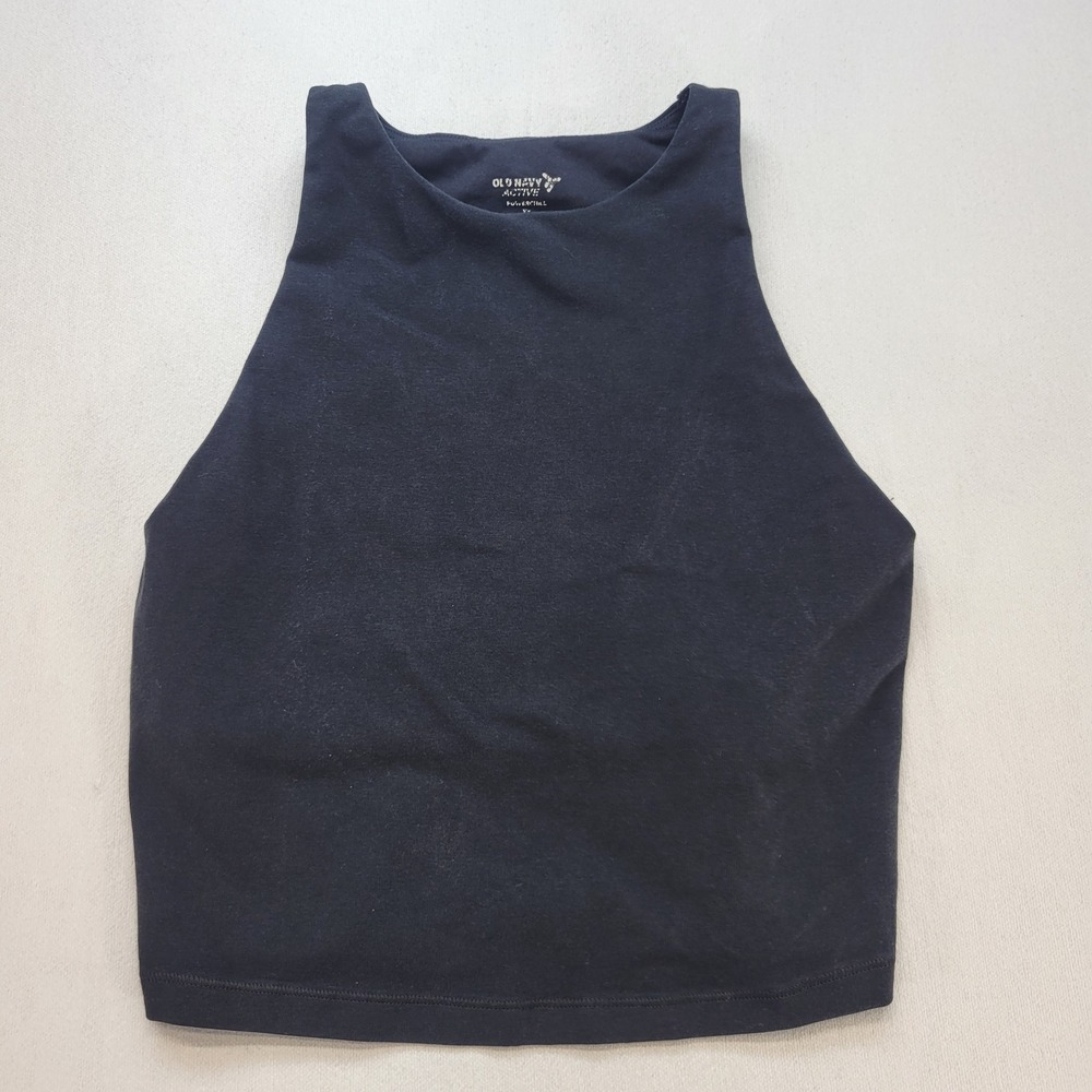 Old Navy PowerChill Tank Top Women XS Black Active Built-in Bra High Neck Crop